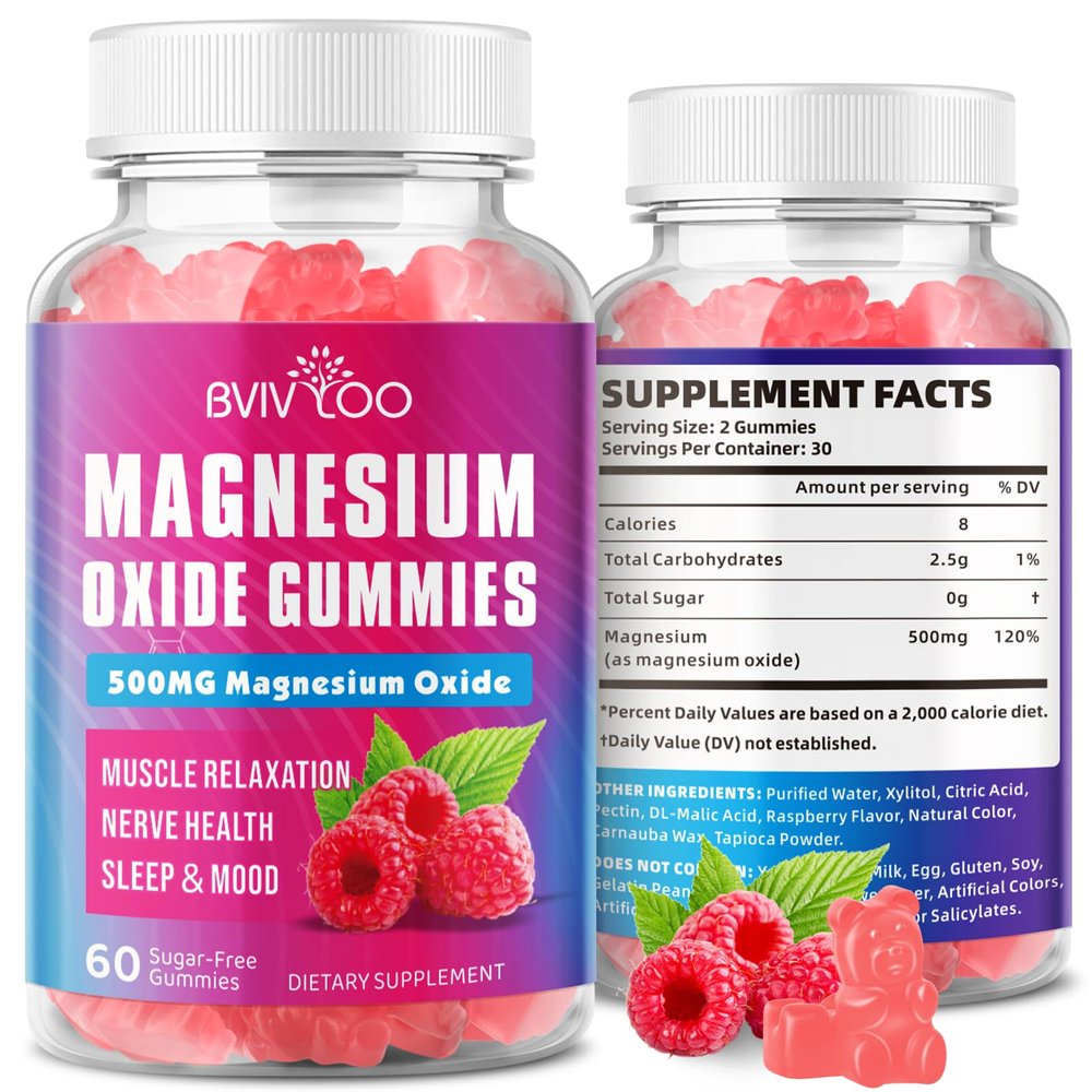 Magnesium Oxide 500mg Gummies for Vegan Sugar-Free Raspberry Flavor, Muscle Recovery, Nerve Health & Relaxation, 60 Gummies (Non-GMO, Gluten & Allergen Free)