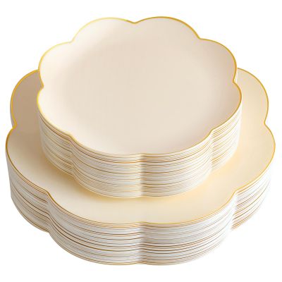 supernal 60pcs Ivory Gold Scalloped Plastic Plates, Elegant Dinnerware Set