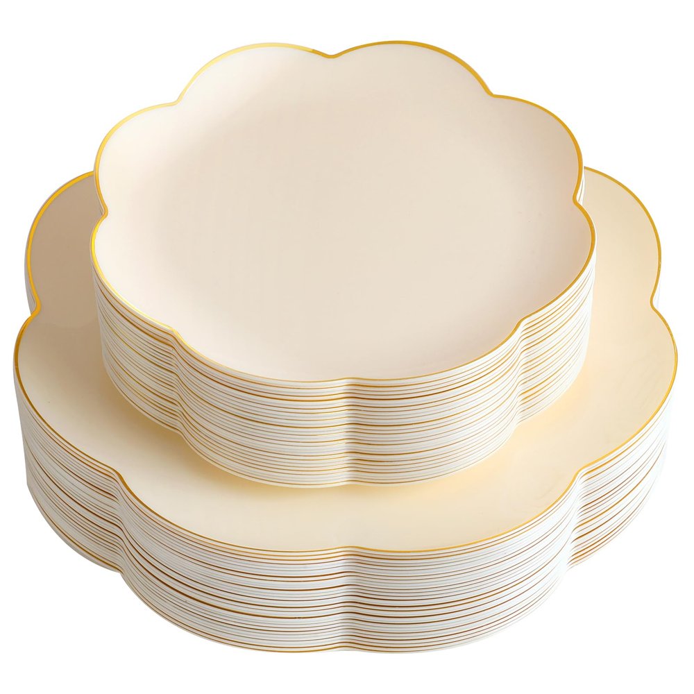supernal 60pcs Ivory Gold Scalloped Plastic Plates, Elegant Dinnerware Set