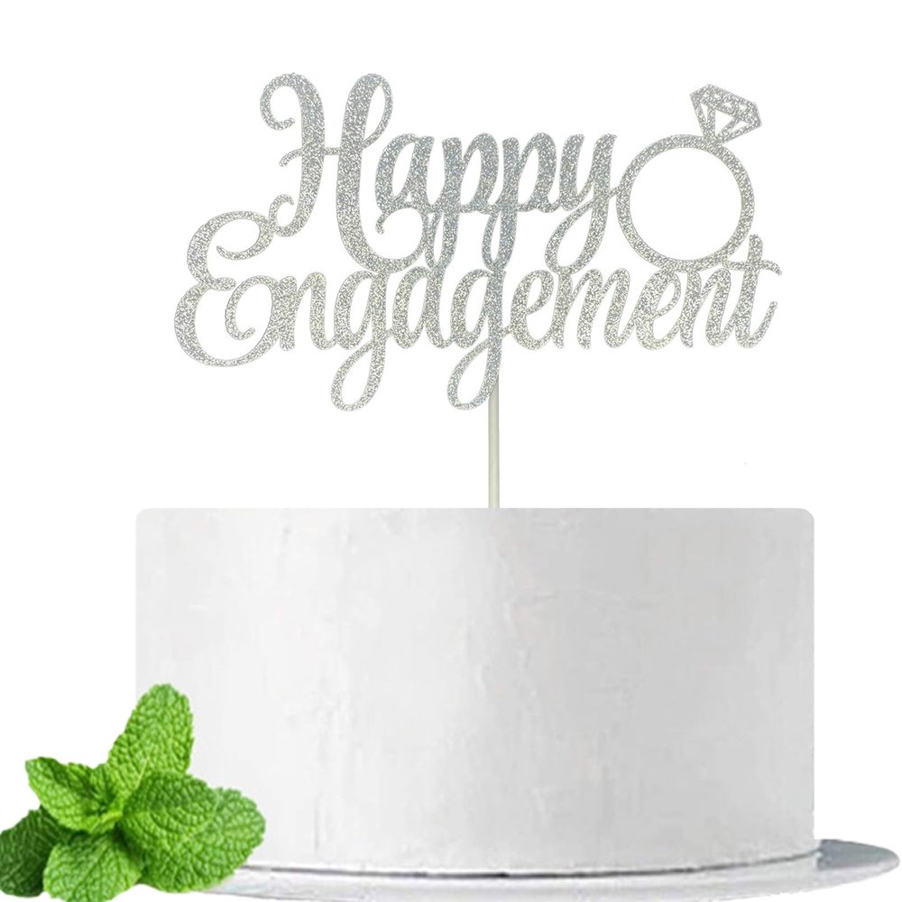 Happy Engagement Cake Topper, Just Engaged Cake Pick, Bridal Engagement Wedding Cupcake Decoration Party Supplies, Double Sided Silver Glitter