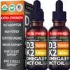 (2 Pack) Extra Strength Organic Vitamin D3 K2 Drops with MCT Oil, Omega 3, 10000 IU - Vitamin D Liquid, No Fillers, Non-GMO D3 for Faster Absorption and Immunity, Unflavored - (2 Fl Oz, 60 Servings) view 1