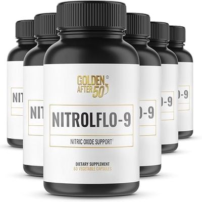 Golden After 50 NitrolFlo-9 - Nature-Powered Nitric Oxide Supplement with Pomegranate Extract, Grape Seed, and S7 - Supports Nutrient Circulation and Optimal Energy - 6 Bottles