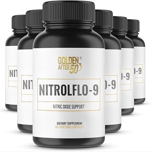 Golden After 50 NitrolFlo-9 - Nature-Powered Nitric Oxide Supplement with Pomegranate Extract, Grape Seed, and S7 - Supports Nutrient Circulation and Optimal Energy - 6 Bottles