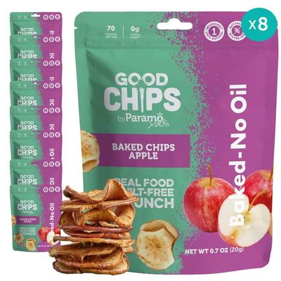 Baked Apple Chips by GOOD CHIPS! Crispy, Crunchy, Oil-Free, Healthy Naturally Sweet Dried Fruit Snack - 0.7 oz bags - Pack of 8