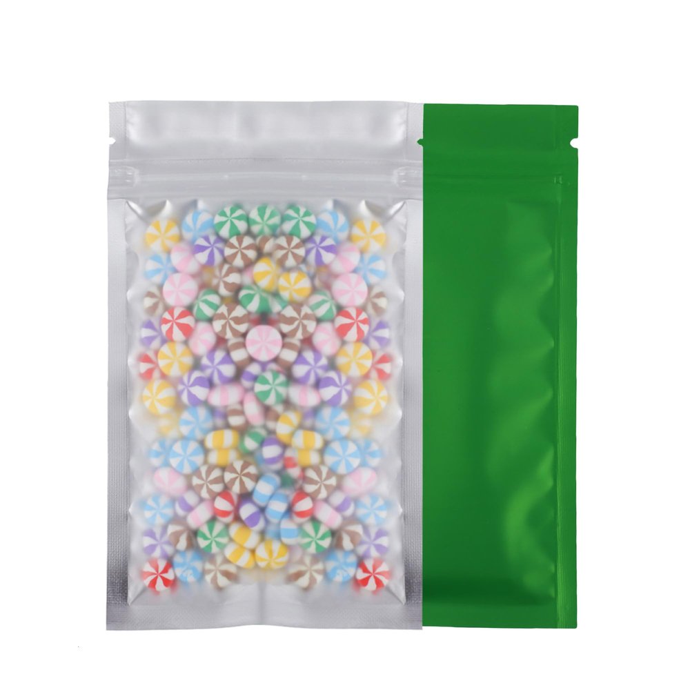 100pcs Frosted Clear Window Flat Colored Metallic Foil Resealable Zipper Seal Bags (Green, Flat | 8oz)