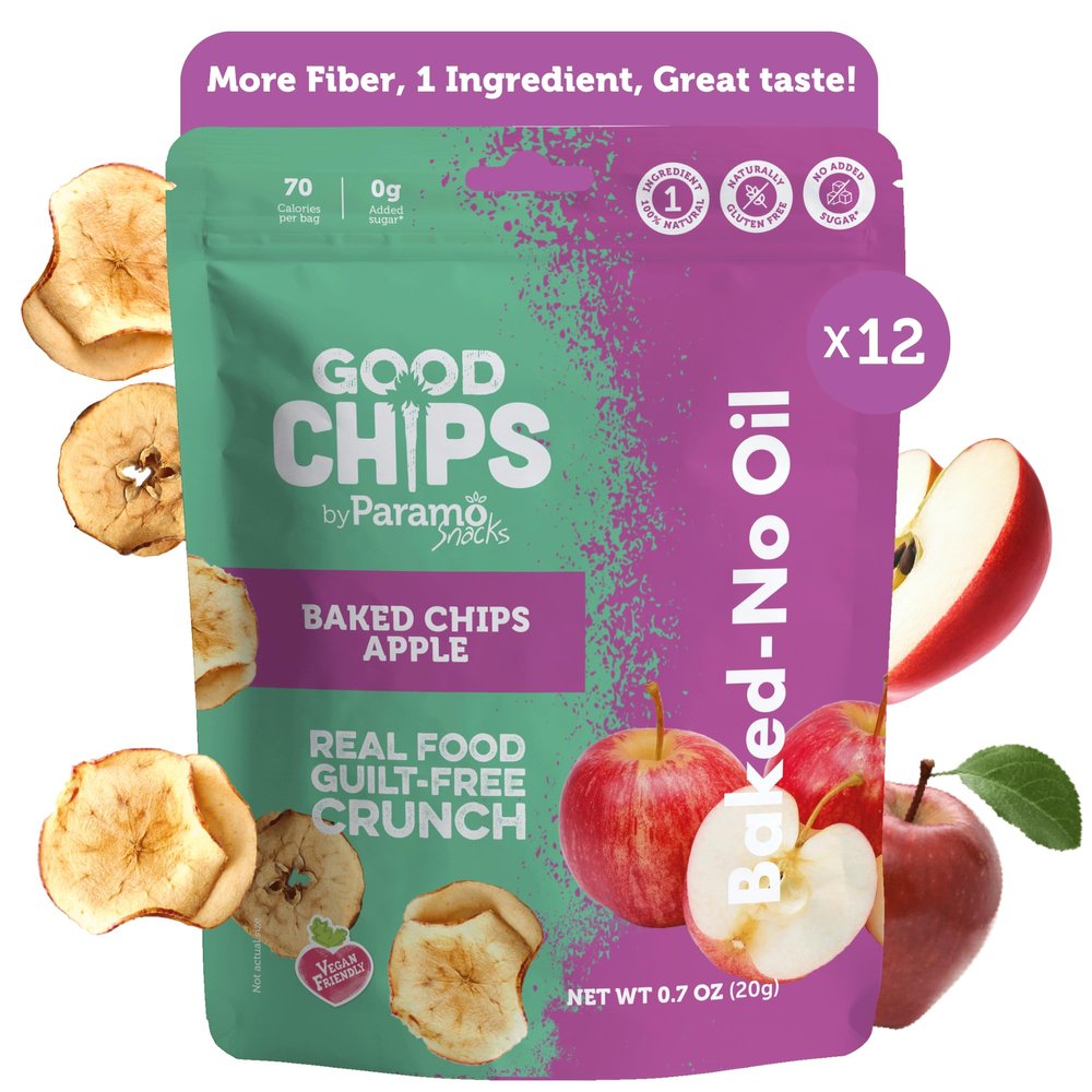 Baked Apple Chips by GOOD CHIPS! Crispy, Crunchy, Oil-Free, Healthy Naturally Sweet Dried Fruit Snack - 0.7 oz bags - Pack of 12