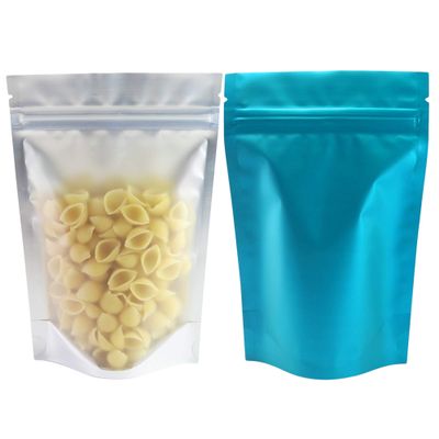 100pcs Frosted Clear Window Flat Colored Metallic Foil Resealable Zipper Seal Bags (Blue, Flat | 8oz)