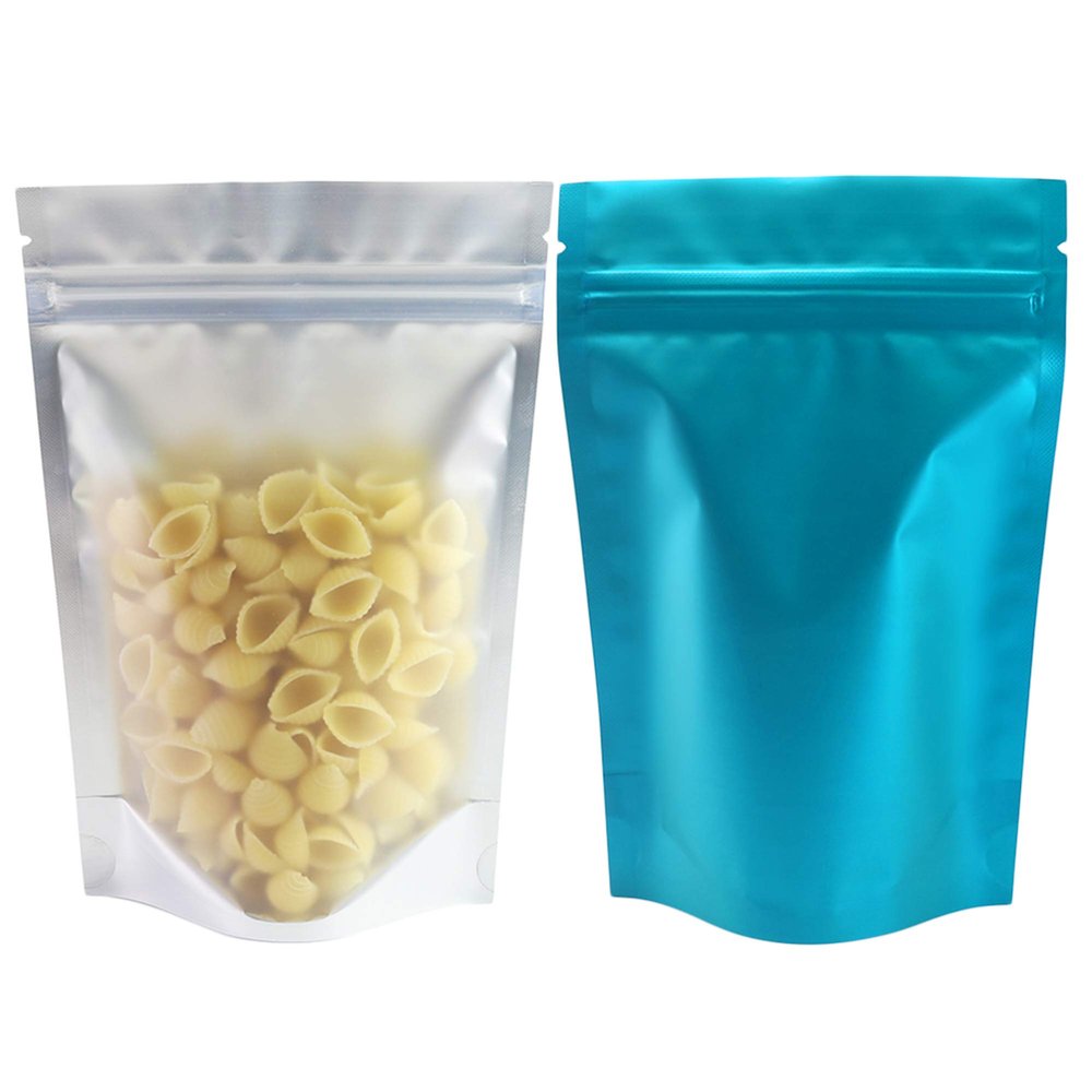 100pcs Frosted Clear Window Flat Colored Metallic Foil Resealable Zipper Seal Bags (Blue, Flat | 8oz)