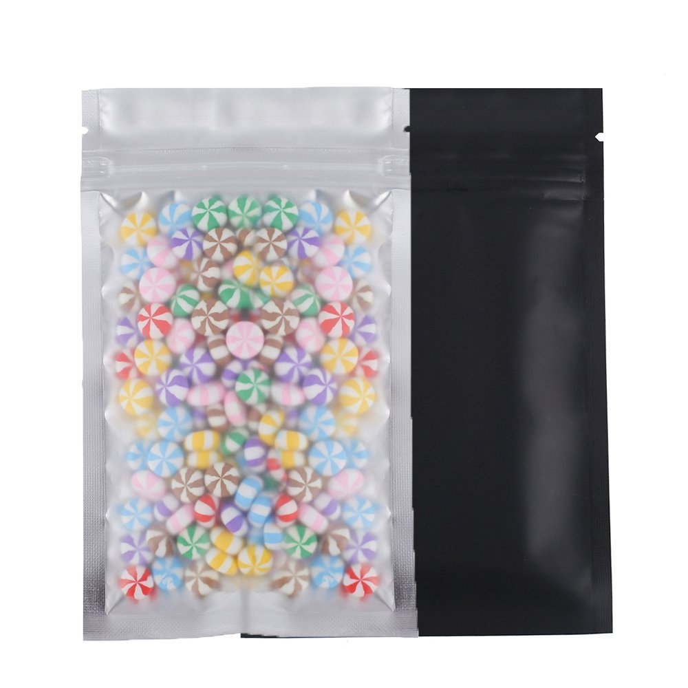 100pcs Frosted Clear Window Flat Colored Metallic Foil Resealable Zipper Seal Bags (Black, Flat | 8oz)