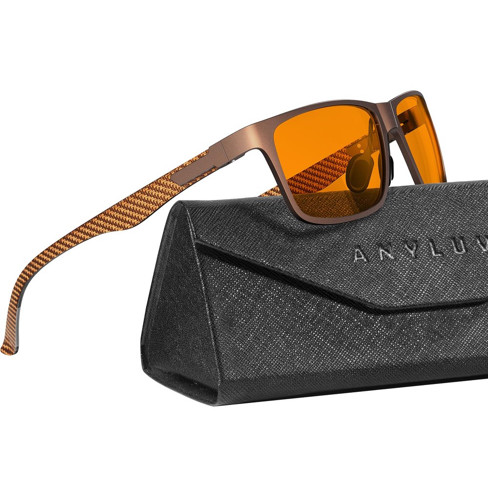 ANYLUV Blue Light Glasses Men, Relieve Eyestrain and Eye Protection, Al-Mg Metal Computer Blue Light Blocking GlassesDark Gold Carbon Fiber x0