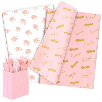 100 Sheets 2026 Graduation Tissue Paper for Gift Wrapping, 20x14'' Graduation Diploma Cap Congrats Decorative Wrapping Tissue for Grad Gift Bags Filler Party DIY Craft (Pink)