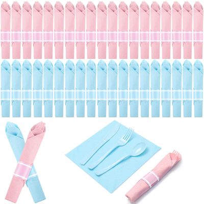 Lasnten 200 Pcs Pre-rolled Gender Reveal Cutlery Set with Napkin, Plastic Silverware Disposable for Baby Shower, Birthday, Boy or Girl Reveal Party, Pre Wrapped Utensil Tableware (Light Pink and Blue)