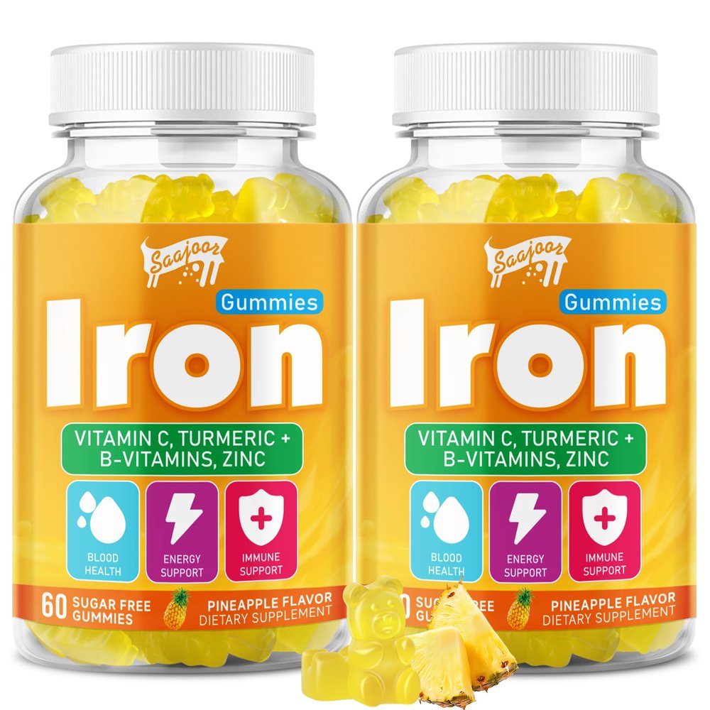 2 Pack Iron Gummies with Multivitamin for Adults & Kids Packed with Vitamin B6, B12, C, Zinc, and Folate for Blood Health & Energy Boost Pineapple Flavor, Vegan-Friendly, 120 Gummies