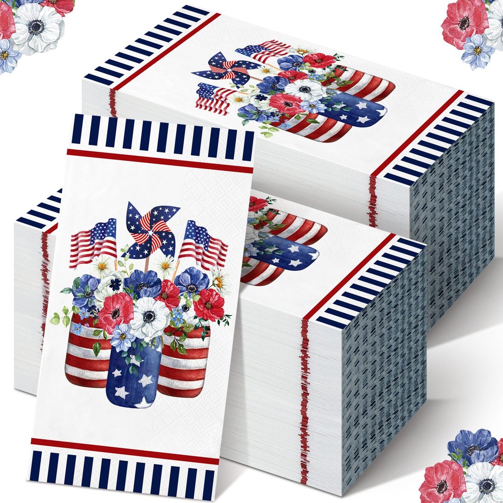 200 Pcs 4th of July Napkins Patriotic Guest Napkins Disposable Paper 2 Ply America Cocktail Hand Towel for Election Veterans Day Independence Day USA Party(Flowers)