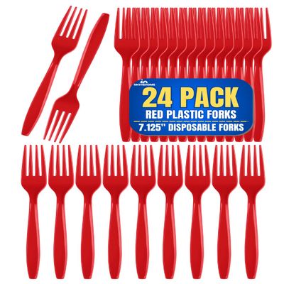 1InTheHome Red Plastic Forks, Heavy Duty Plastic Forks, 7 1/8 Inches, Disposable, 24 Pack