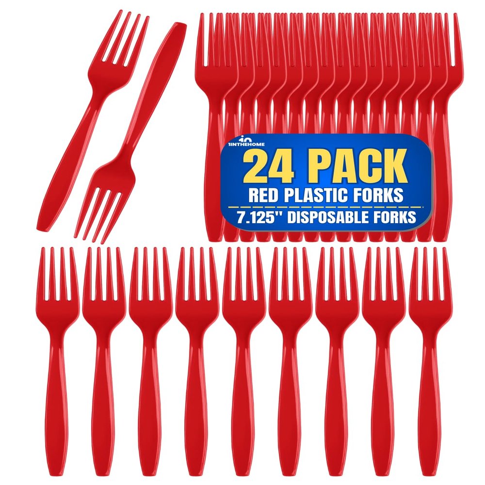 1InTheHome Red Plastic Forks, Heavy Duty Plastic Forks, 7 1/8 Inches, Disposable, 24 Pack