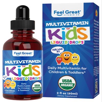 Feel Great Vitamins Organic Multivitamin Liquid Drops for Toddlers & Kids | Daily Essential Nutrients for Healthy Growth | No Iron, Sugar-Free | USDA Organic, Vegan, Non-GMO, Gluten-Free | 2 Fl Oz