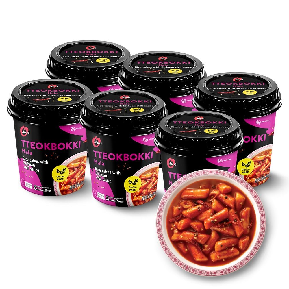 Spicy Cup Tteokbokki Instant Rice Cakes Korean [Mala (Tingly Sichuan Spice) | Pack of 6] Ready in 3 Minutes | Gluten-Free, Chewy, Quick & Easy Meal | Street Food Snack | 0 Cholesterol/ 0 Trans Fat - Ofood