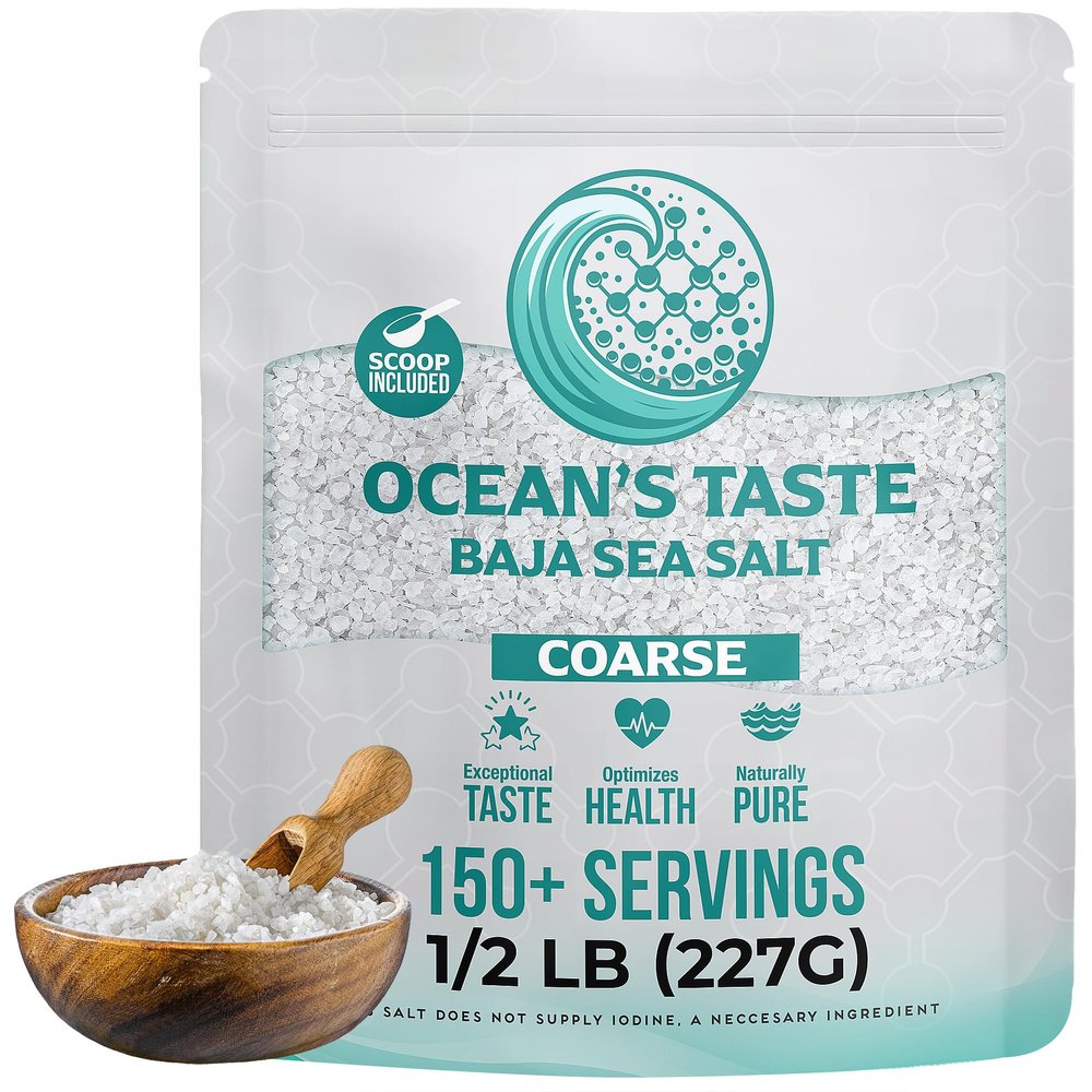 0.5LB Ocean's Taste Baja Sea Salt, Coarse Natural Grain, 4X More Minerals than Celtic Salt, 30% Less Sodium, Mineral Salt Ideal for Electrolytes Balance, Cooking & Baking | Kosher, Organic, Paleo