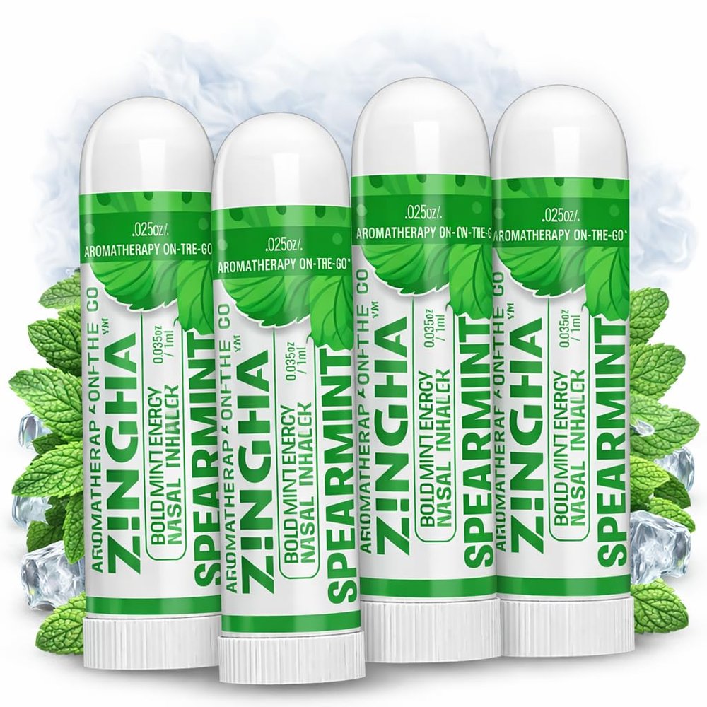 Z!NGHA Natural Aromatherapy Nasal Inhaler Stick for Sinus Relief, Focus & Stress Relief | Portable Dual-Hole Essential Oil Blend (4PK, Spearmint)