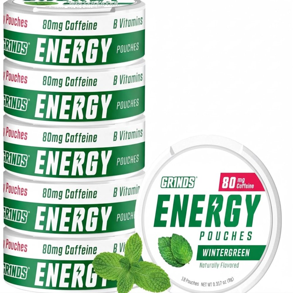 GRINDS Energy Pouches - Natural Caffeine Pouches - Contains B-Vitamins, Sugar-Free, & 0 Calories - 80mg of Caffeine in Each Pouch - Wintergreen - 6 Pack, 18 Pouches Per Can