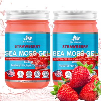 Sea Moss Gel by BioVitalica - Irish sea Moss raw Organic - Premium Quality - Dr Sebi, Vegan superfood for Cells - 100% Natural seamoss Gel - (Pack of 2, Strawberry)
