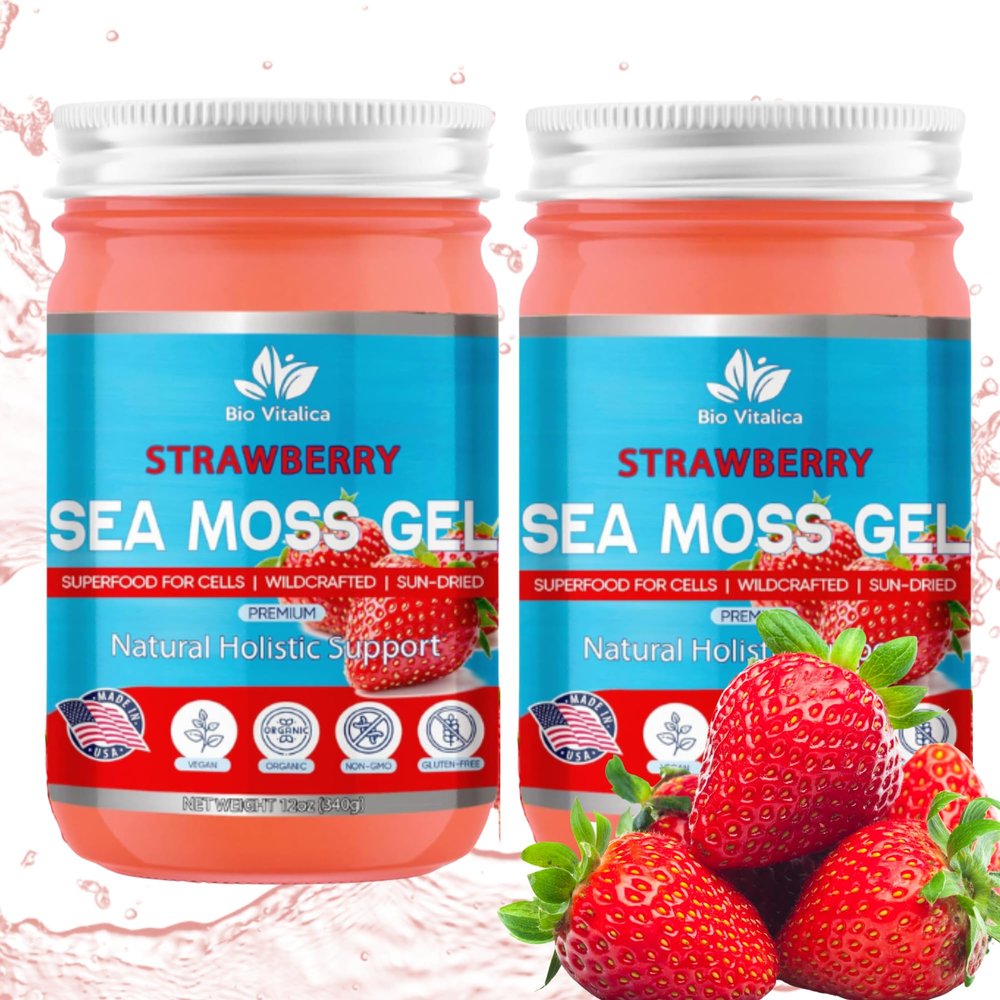 Sea Moss Gel by BioVitalica - Irish sea Moss raw Organic - Premium Quality - Dr Sebi, Vegan superfood for Cells - 100% Natural seamoss Gel - (Pack of 2, Strawberry)