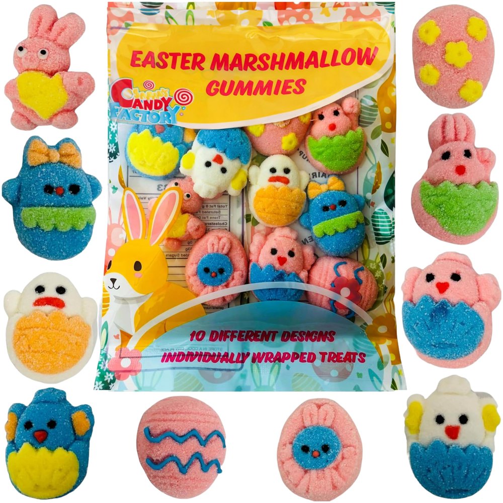Easter Marshmallow Gummies 10 Different Design,4.5 Oz, Individually Wrapped Gummies in Bag, Gluten Free, Diary Free, Perfect for Egg Hunts!