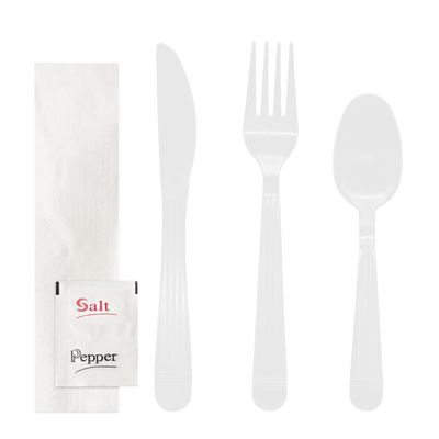 Party Essentials Individually Wrapped Plastic Cutlery Packets/Heavy Duty Silverware Kits, Fork/Spoon/Knife/Napkin/Salt/Pepper, 50 Utensils Sets, White