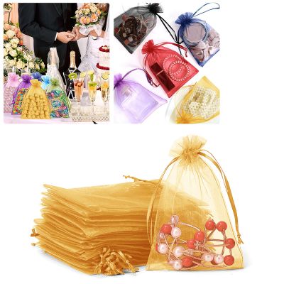 100er Pack Drawstring Organza Mesh Bags,Wedding Favor Gift Wrap Bags For Party Festival Candy Bags Sheer Drawstring Organza Bags for Jewelry Christmas Favor Gift Bags (Gold, 20x30cm)