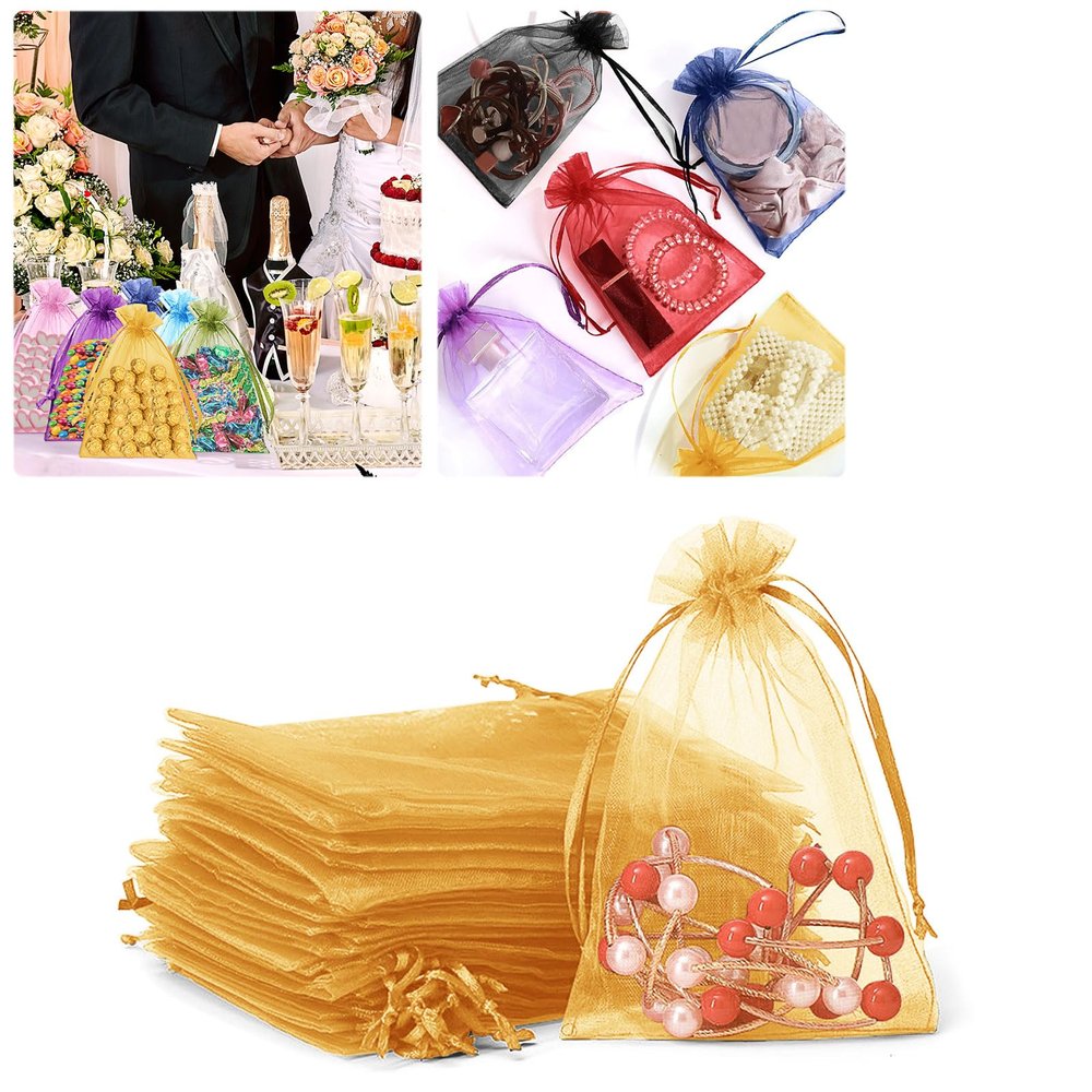 100er Pack Drawstring Organza Mesh Bags,Wedding Favor Gift Wrap Bags For Party Festival Candy Bags Sheer Drawstring Organza Bags for Jewelry Christmas Favor Gift Bags (Gold, 20x30cm)