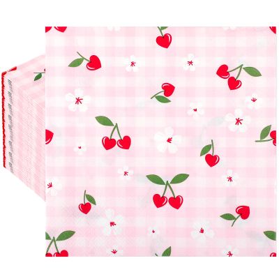 100 PCS Red Cherry Paper Napkins, 2 Ply Pink Check Cherry Decorative Paper Napkins, 13 x 13 Inch Fruit Flower Disposable Hand Towels Napkins for Baby Shower Birthday Wedding Party Decor Supplies