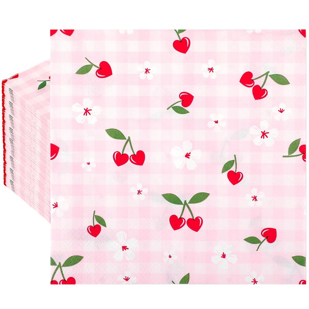 100 PCS Red Cherry Paper Napkins, 2 Ply Pink Check Cherry Decorative Paper Napkins, 13 x 13 Inch Fruit Flower Disposable Hand Towels Napkins for Baby Shower Birthday Wedding Party Decor Supplies