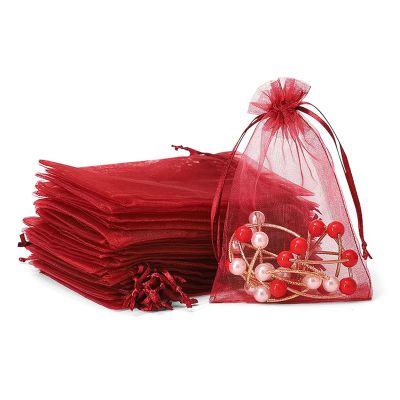 100er Pack Drawstring Organza Mesh Bags,Wedding Favor Gift Wrap Bags For Party Festival Candy Bags Sheer Drawstring Organza Bags for Jewelry Christmas Favor Gift Bags (wine red, 10x15cm)