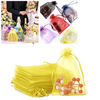 100er Pack Drawstring Organza Mesh Bags,Wedding Favor Gift Wrap Bags For Party Festival Candy Bags Sheer Drawstring Organza Bags for Jewelry Christmas Favor Gift Bags (Yellow, 15x20cm)
