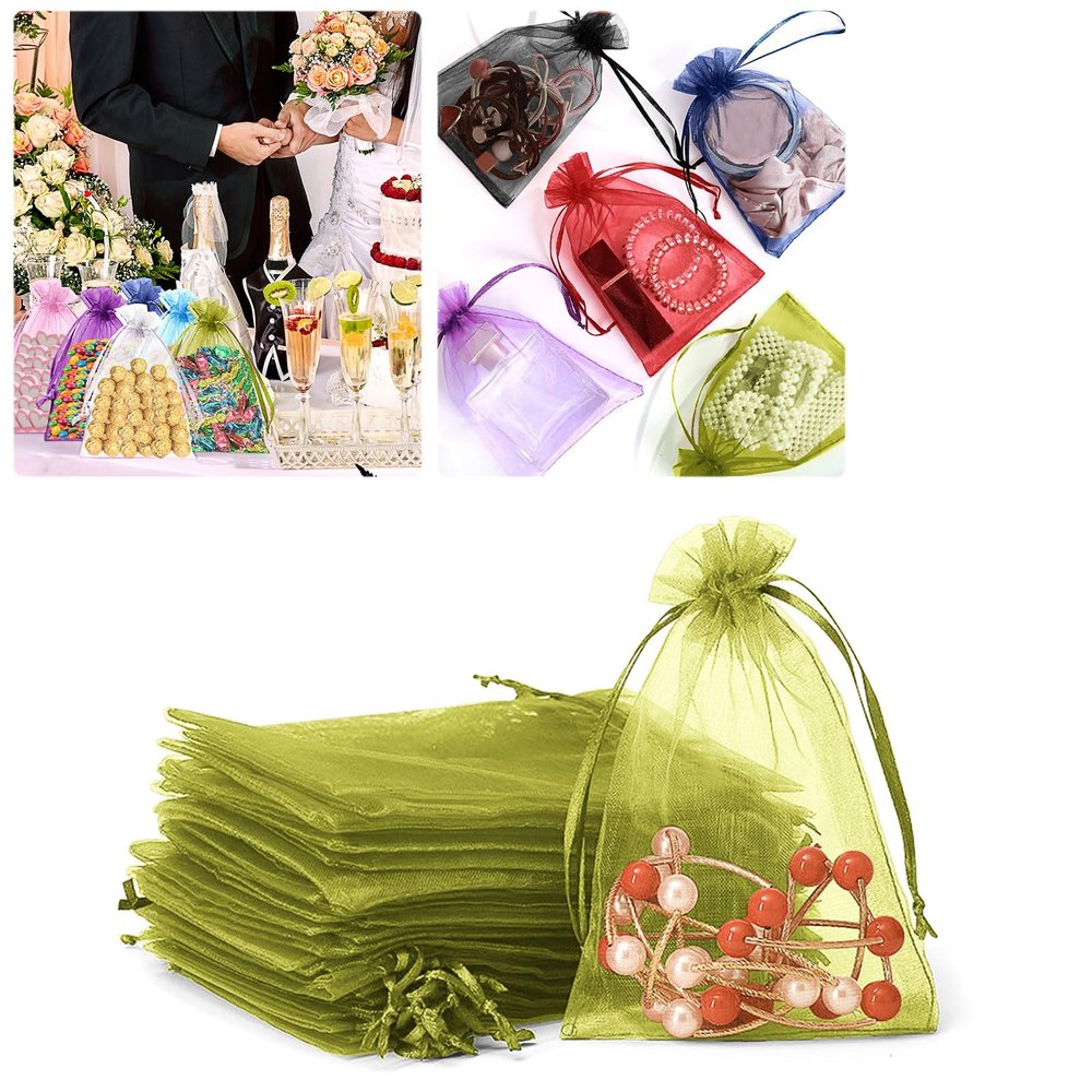 100er Pack Drawstring Organza Mesh Bags,Wedding Favor Gift Wrap Bags For Party Festival Candy Bags Sheer Drawstring Organza Bags for Jewelry Christmas Favor Gift Bags (Army green, 15x20cm)