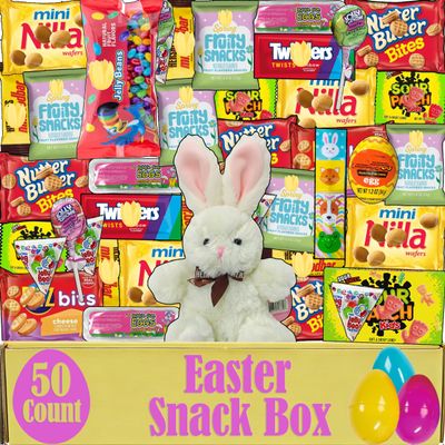 Easter Snack Box Care Package (50 Count), Filled with Assorted Candy Variety, Bunny Plush Toy, Egg Shaped Treats, Basket Stuffers for Kids, Springtime Candy Gift Basket