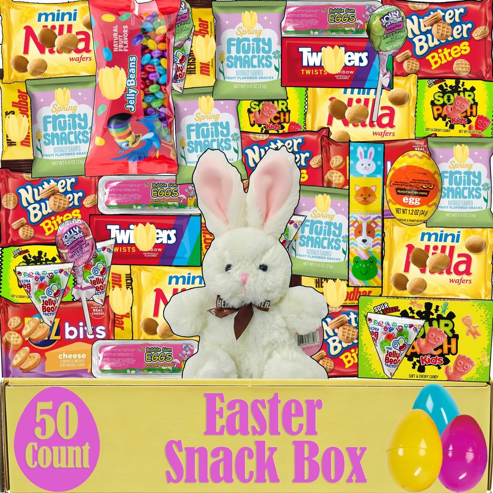 Easter Snack Box Care Package (50 Count), Filled with Assorted Candy Variety, Bunny Plush Toy, Egg Shaped Treats, Basket Stuffers for Kids, Springtime Candy Gift Basket