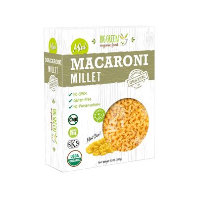 Big Green Organic Food - Organic Mini Millet Macaroni Pasta, Gluten-Free, Non-GMO, Vegan, Plant-Based, Kids' Favorite, 8.8 oz (12 Boxes)