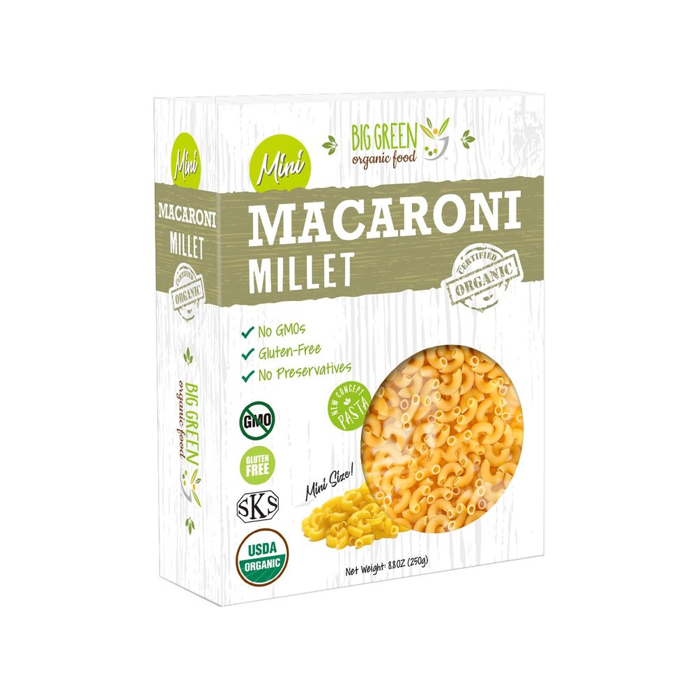 Big Green Organic Food - Organic Mini Millet Macaroni Pasta, Gluten-Free, Non-GMO, Vegan, Plant-Based, Kids' Favorite, 8.8 oz (12 Boxes)