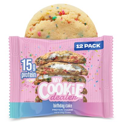 My Cookie Dealer Protein Cookies, Birthday Cake (2.2oz, Pack of 12) - 15g Protein per Cookie - Individually Wrapped Workout Snacks for On-The-Go Travel