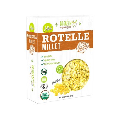 Big Green Organic Food - Organic Mini Millet Rotelle Pasta, Gluten-Free, Non-GMO, Vegan, Plant-Based, Kids' Favorite, 8.8 oz (12 Boxes)