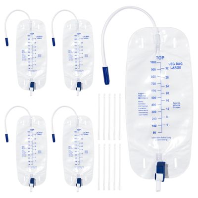 BeHerk Urinary Drainage Bag 1000ml Catheter Leg Bag, 5 Pack Catheter Leg Bags for Men, Catheter Bags with Anti-Reflux Valve, Adjustable Cloth Straps, Easy Drainage Flip Design