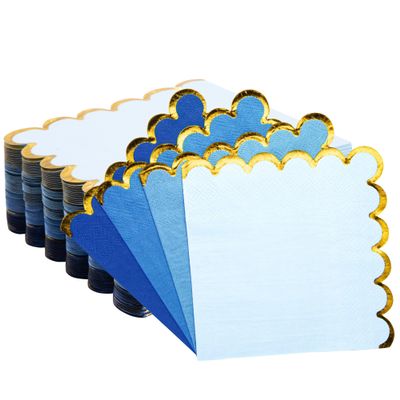 100 Pcs Blue Cocktail Napkins with Gold Foil Scalloped Edges 5 x 5 Inch Dessert Napkins Disposable Thick Paper for Wedding Dinner Birthday Party