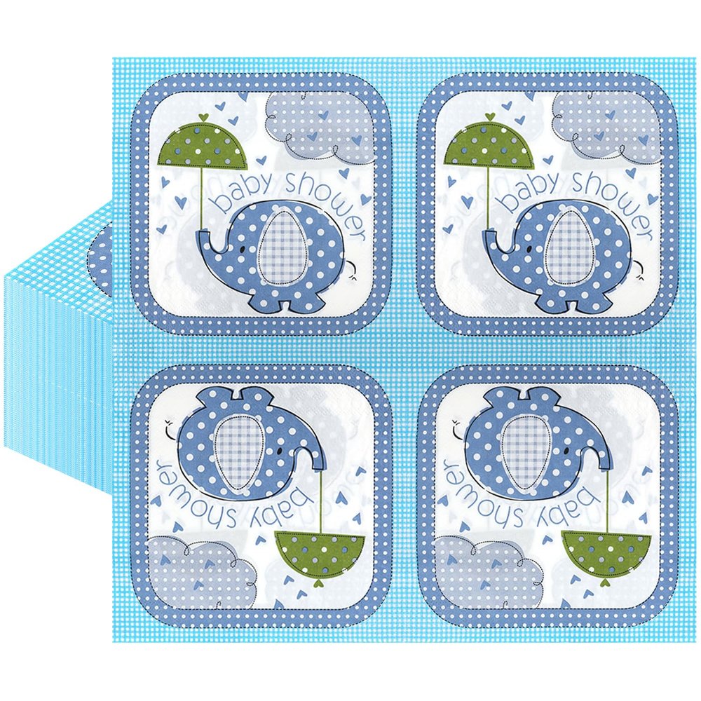 100PCS Baby Elephant Paper Napkins, 2 Ply Cute Blue Elephant Checkered Disposable Decorative Napkins, 13 x 13 Inch Luncheon Napkins for Guest, Family Gatherings, Xmas, Baby Shower Gender Reveal Party