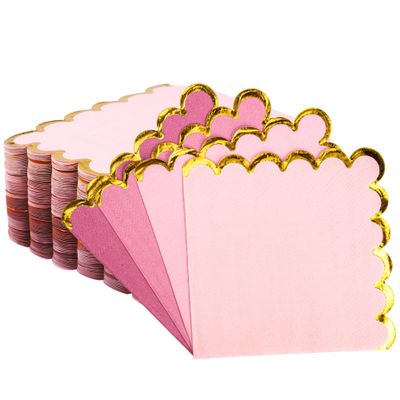 100 Pcs Pink Cocktail Napkins with Gold Foil Scalloped Edges 5 x 5 Inch Dessert Napkins Disposable Thick Paper for Wedding Dinner Birthday Party