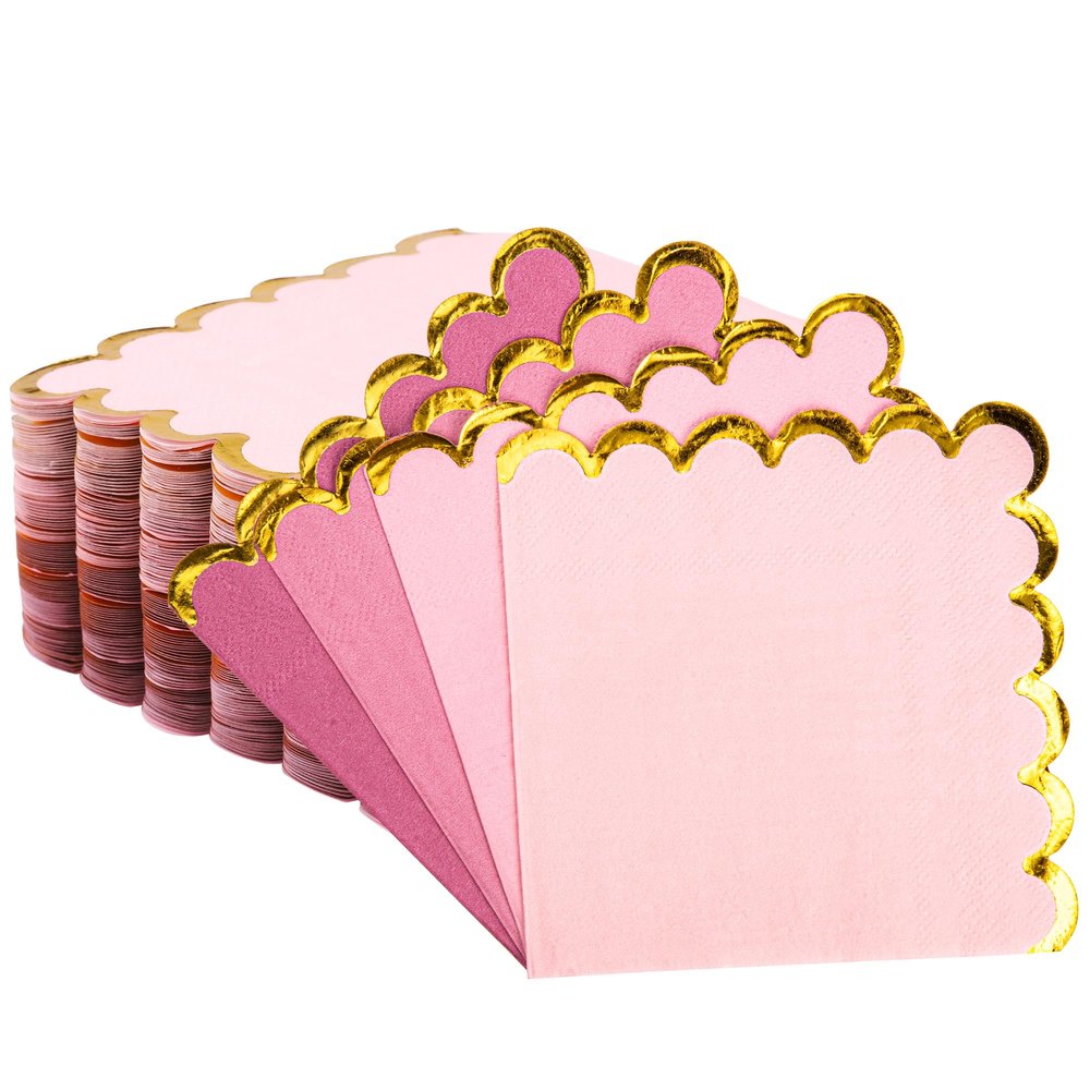 100 Pcs Pink Cocktail Napkins with Gold Foil Scalloped Edges 5 x 5 Inch Dessert Napkins Disposable Thick Paper for Wedding Dinner Birthday Party