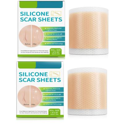 2PCS-Silicone Scar Sheets (1.6 x 60 Roll-1.5M), Silicone Scar Tape Roll, Scar Silicone Strips, Reusable, Professional Scar Removal Sheets for C-Section, Surgery, Burn, Keloid, Acne et