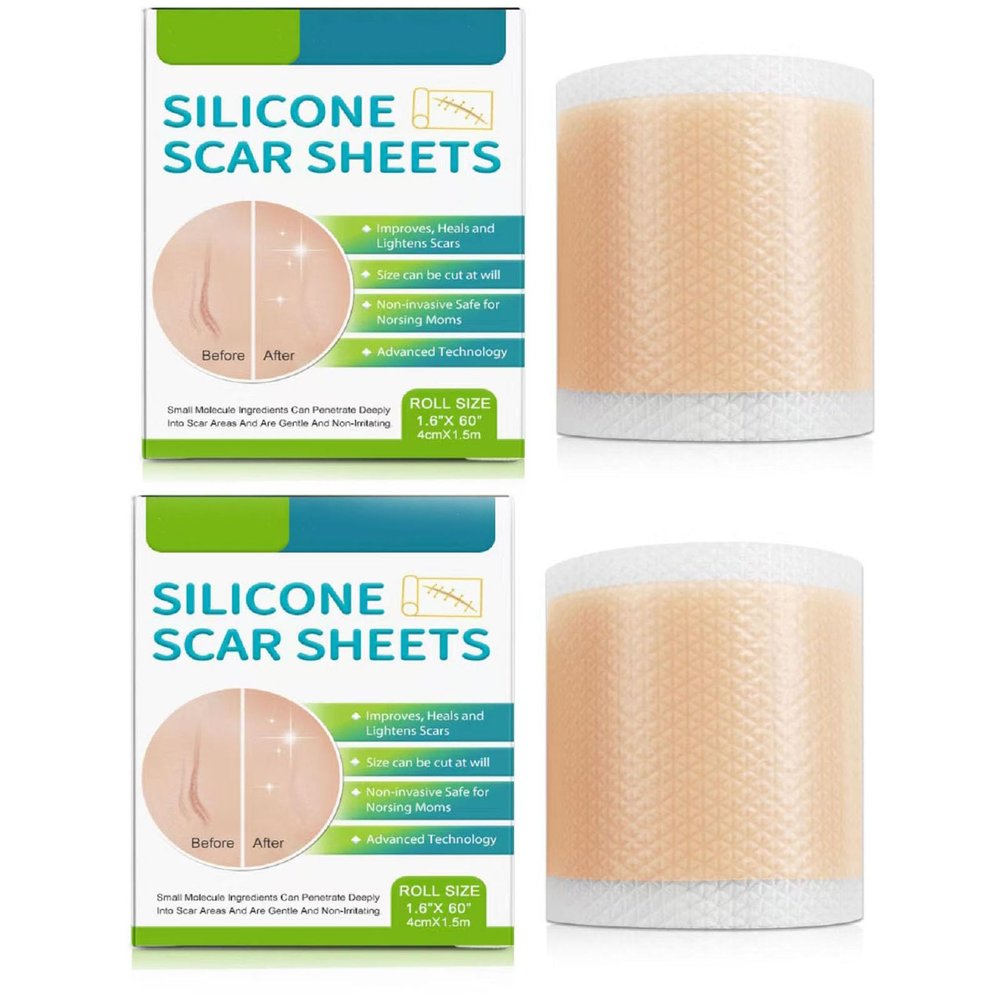 2PCS-Silicone Scar Sheets (1.6 x 60 Roll-1.5M), Silicone Scar Tape Roll, Scar Silicone Strips, Reusable, Professional Scar Removal Sheets for C-Section, Surgery, Burn, Keloid, Acne et