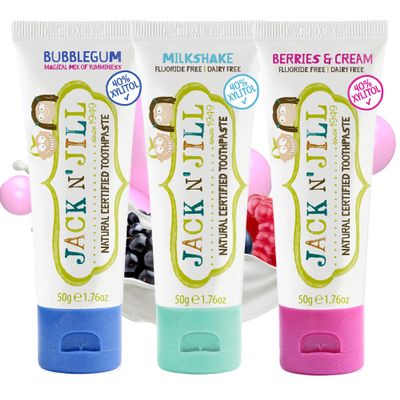 Jack N' Jill Natural Toothpaste for Kids - Fluoride Free Toothpaste, Safe to Swallow, 40% Xylitol, BPA Free - 1.76 oz (Variety Pack of 3)